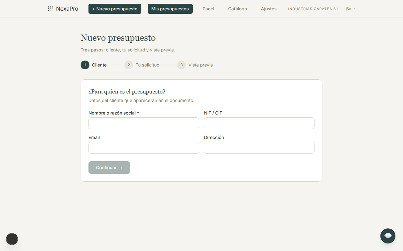 Asistente de nuevo presupuesto en NexaPro